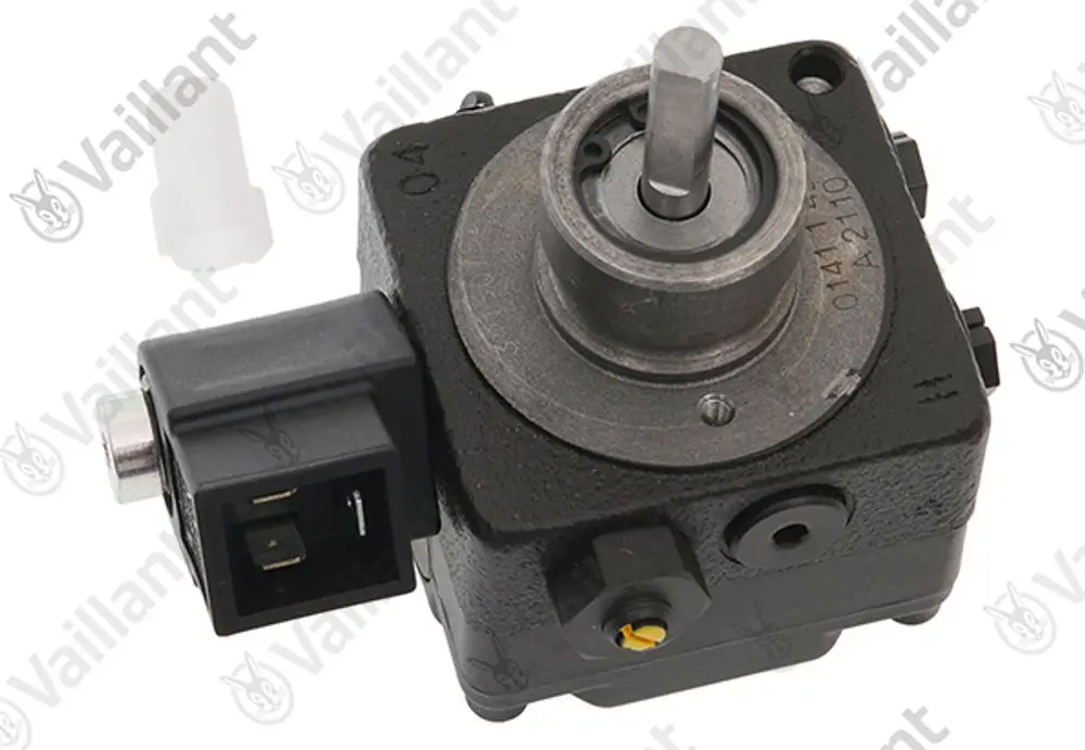 Vaillant Pumpe mit einem elektrischen Anschluss und einem drehbaren Mechanismus, erkennbar an den Anschlussstellen und der kompakten Bauform.